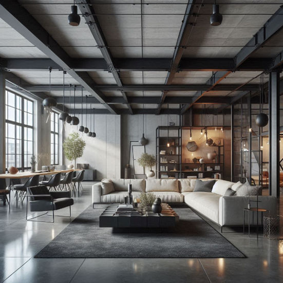 A modern living room with exposed metal beams, polished concrete floors, and sleek, industrial furniture.