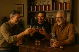 Men drinking whiskey at home bar