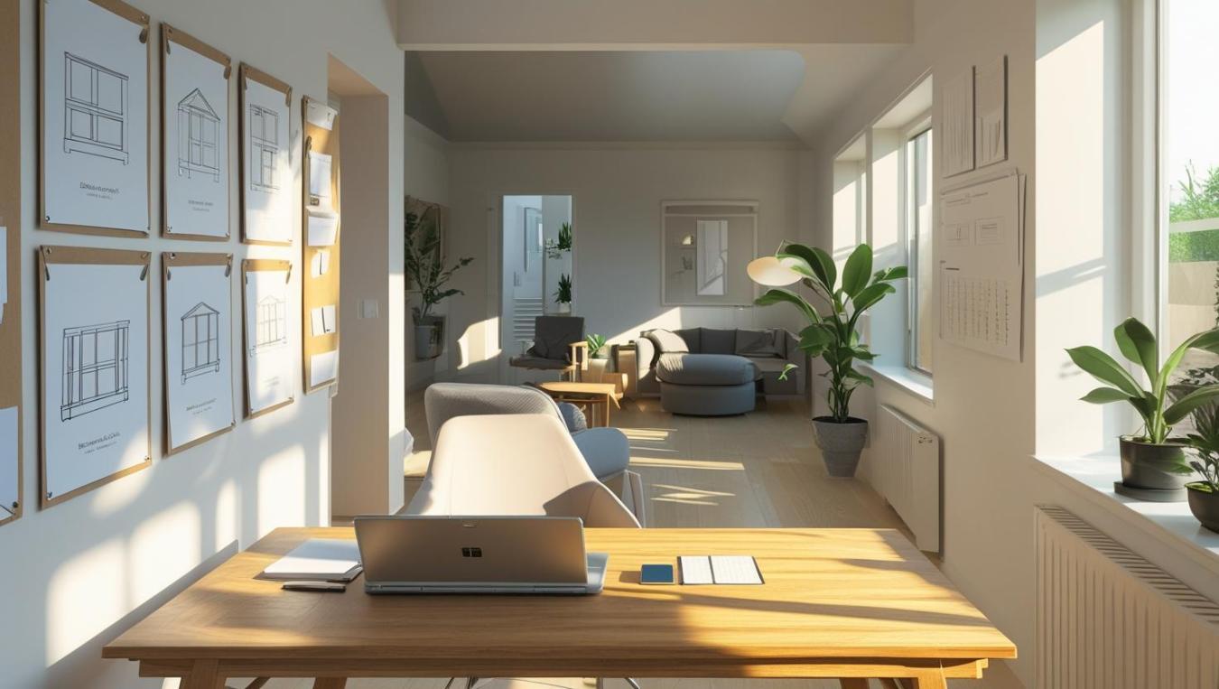 Modern home office with laptop, mood boards, plants, and sunlit contemporary furniture.
