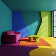 A strong purple and a neon green mini side table at the center of a room painted in bold colors.