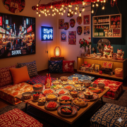 A cozy, stylish living room that blends modern interior design with the vibrant aesthetics of a Korean night market.