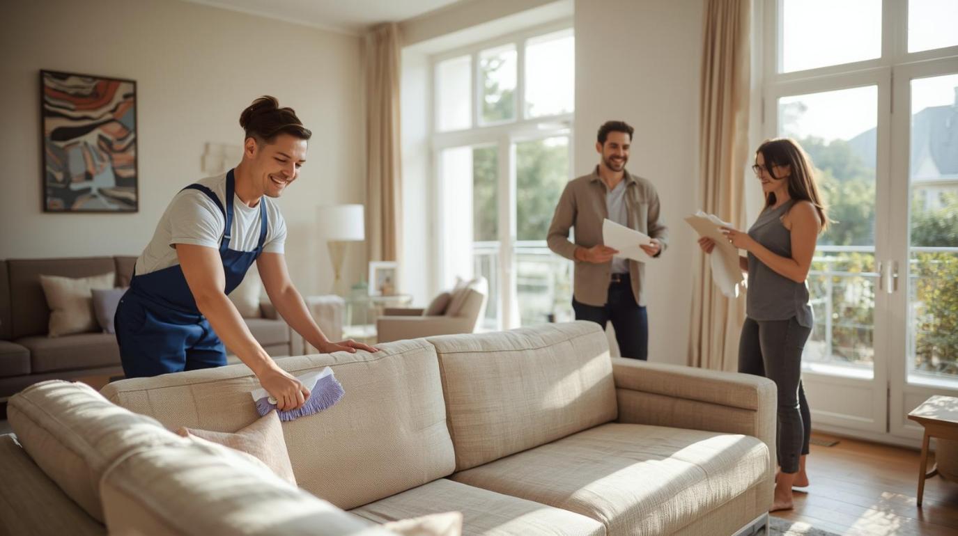 Smiling cleaner and designer refresh modern living room sofa under warm natural light.