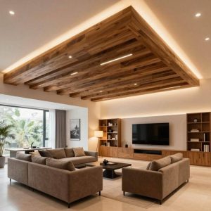 Modern living room interior featuring a dramatic statement ceiling with wooden beams and elegant lighting, stylish contemporary furniture, warm ambient lighting, minimalist decor, high-end residential space.
