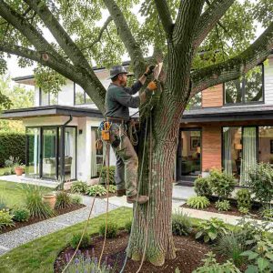 Professional arborist using tree care supplies while climbing and trimming a large tree in a landscaped backyard, ropes and harness visible, modern house and designed garden in background, natural daylight, realistic photography.