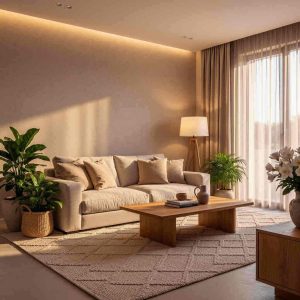 Stylish living room interior featuring layered textures including linen sofa, woven rug, wooden coffee table, textured wall finish, natural plants, soft lighting, modern interior design with warm neutral tones.