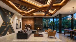 A contemporary interior with dramatic statement ceiling, elegant wood paneling and geometric painted details.