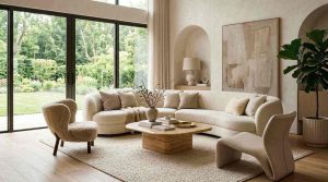 A luxurious modern living room with curved cream-colored sofa and rounded coffee table