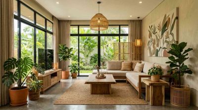 A stylish modern eco-friendly living room featuring reclaimed wood furniture, natural textiles, indoor plants, bamboo accents, large windows with natural sunlight